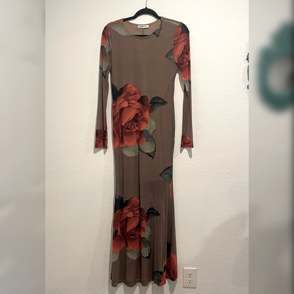 Tan Dress with Rose Design
